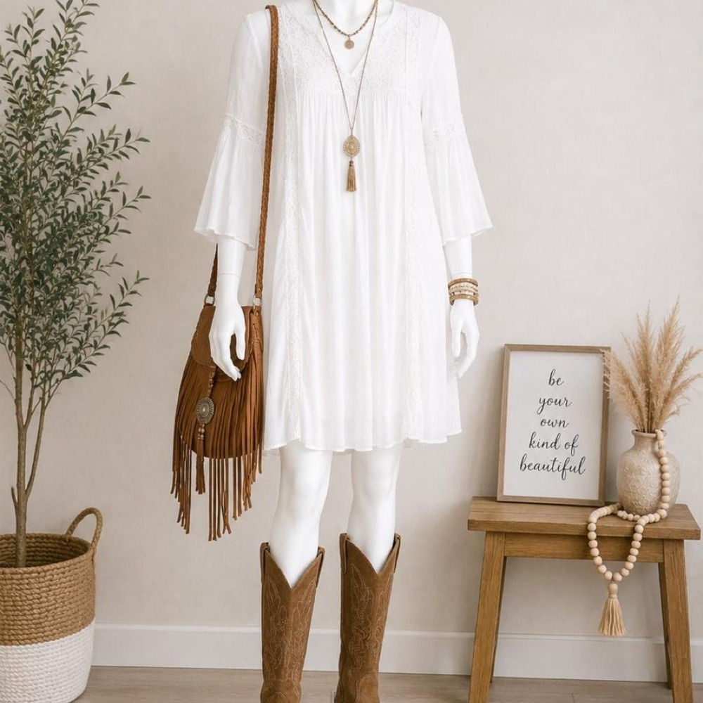 White Boho Lace Knee Length Dress Women's S Romantic Cottagecore